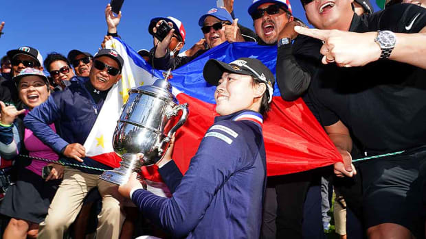 Yuka Saso lifted the U.S. Women's Open trophy in 2021 after winning in a sudden death playoff.